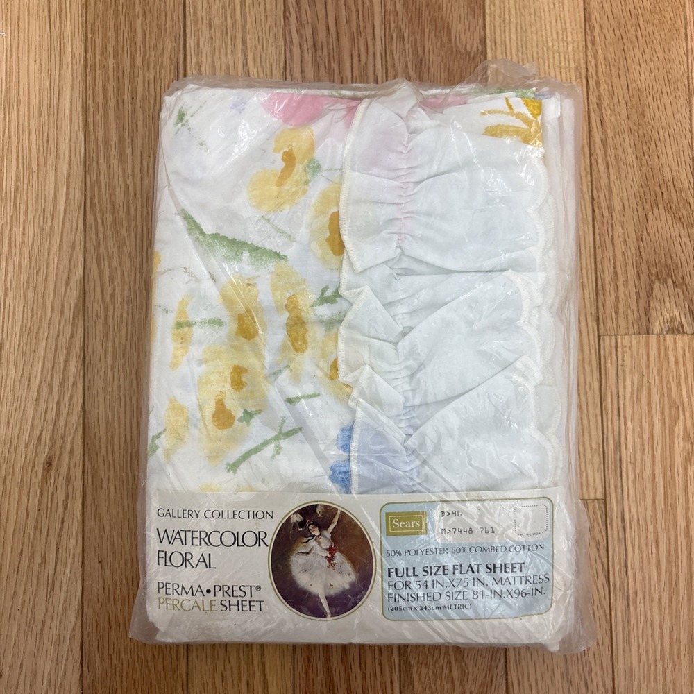 Vintage Sears Gallery Collection Watercolor Floral Flat Percale Full Size New